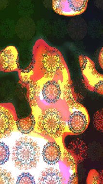 Halk tarzı. Moda baskıları için zarif bir şablon. Parlak renkli çiçekleri ve gri renkli yaprakları olan harika bir çiçek deseni. Modern çiçek arkaplanı.