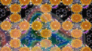 Düz Çiçek Elementleri Tasarımı. Güzel kumaş deseni. Renkli Bahar Teması eskiz kalıbı. Çiçek desenli çizim. Raster illüstrasyonu. Asya tekstil tarzında.