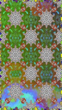 Güzel kumaş deseni. Renkli Bahar Temalı Kusursuz Arkaplan. Raster illüstrasyonu. Asya tekstil tarzında. Kusursuz çiçek deseni. Düz Çiçek Elementleri Tasarımı.