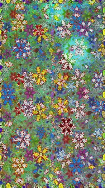 Kusursuz bir arka plan modeli. Raster - stok. Yapraklı çiçekler ve yeşil ve mavi renkli papatya çiçekleri..