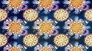 Düz Çiçek Elementleri Tasarımı. Kusursuz Renksiz Bahar Temalı Kusursuz Arkaplan. Sevimli çiçek raster deseni. Mavi ve nötr renkte çiçekler.