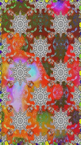 Şablon, pürüzsüz, çiçekli kenar. Eski moda arka plan. Raster illüstrasyonu. Güzel, parlak, pürüzsüz kumaş, tuval. Çiçek çelengi. Kıvırcık, parlak örgü.