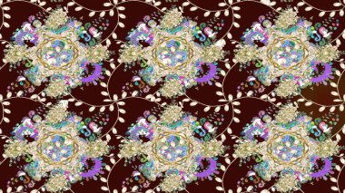 Çiçek desenli çizim. Raster illüstrasyonu. Asya tekstil tarzında. Raster illüstrasyonu. Kahverengi renkte çiçekler.