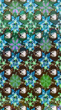 Raster illüstrasyonu. Suluboya çiçekli çiçek deseni. Yeşil renkli Asyalı tekstil.