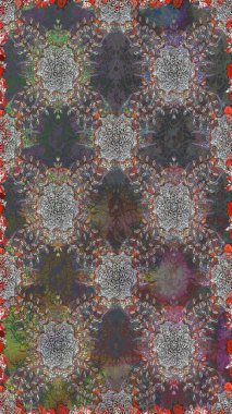 Colour Spring Theme seamless pattern Background. Flat Flower Elements Design. Raster illustration. Flowers on gray and brown colors. Seamless flowers pattern. In asian textile style.