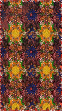 Kumaş desenli papatya çiçeği detayı. Kahverengi ve turuncu renkte çiçekler.