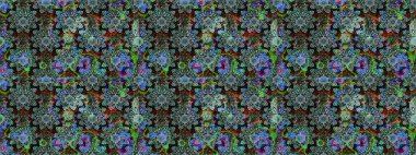 Çiçekler. Vadinin mavi renkli çiçekleri. Soyut etnik raster çizim kalıbı.