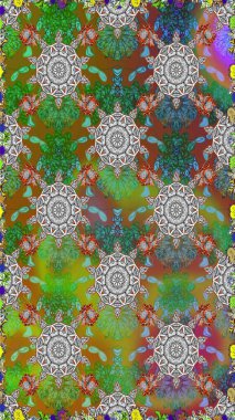 Çiçeksiz desenli arka plan. Renkli Bahar Temalı Kusursuz Arkaplan. Yeşil ve kahverengi renkli çiçekler. Düz Çiçek Elementleri Tasarım Raster illüstrasyonu.