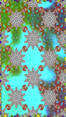 Mavi ve gri renkte çiçekler. Raster illüstrasyonunda kusursuz çiçek deseni.