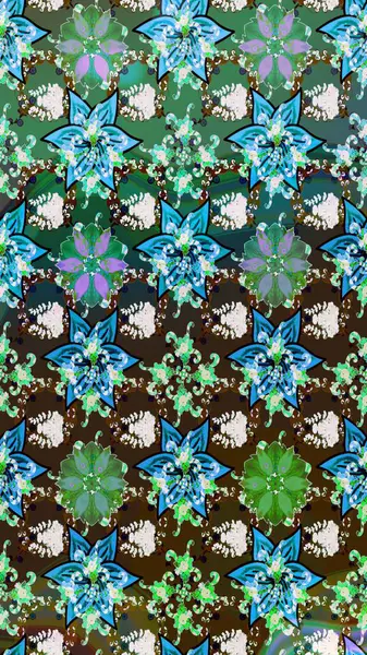 Raster illüstrasyonu. Suluboya çiçekli çiçek deseni. Yeşil renkli Asyalı tekstil.