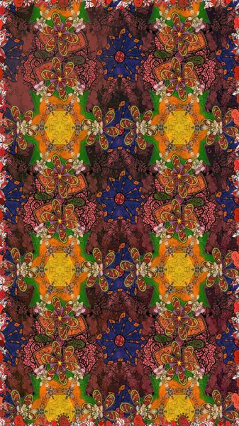 Kumaş desenli papatya çiçeği detayı. Kahverengi ve turuncu renkte çiçekler.