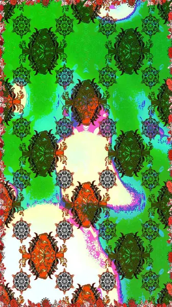 Raster seamless pattern with hand drawn doodle flowers. Cute floral background for textile, fabric, wrapping, scrapbooking. Childish design. On green and neutral backdrop.