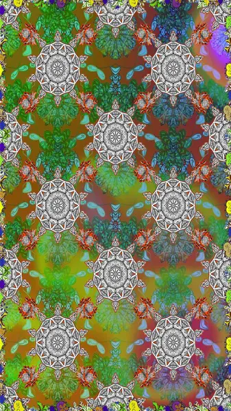 Çiçeksiz desenli arka plan. Renkli Bahar Temalı Kusursuz Arkaplan. Yeşil ve kahverengi renkli çiçekler. Düz Çiçek Elementleri Tasarım Raster illüstrasyonu.