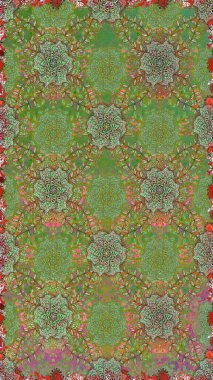 Yeşil ve nötr renklerde etnik çiçeklerle kusursuz bir desen. Asya Tekstil 'inde Raster Çiçek İllüstrasyonu.