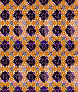 Raster illüstrasyonu. Siyah ve sarı renklere karalamalar çizen kusursuz çiçek deseni..