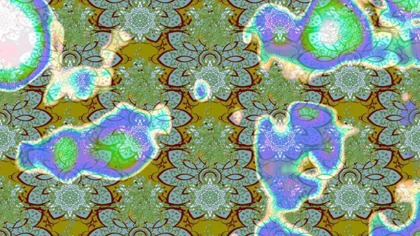 Raster deseni. Patlayan çiçekler soyut olarak yerleştirilmiş. Raster illüstrasyonu. Yumuşak, yeşil renkte bahar çiçekleri.