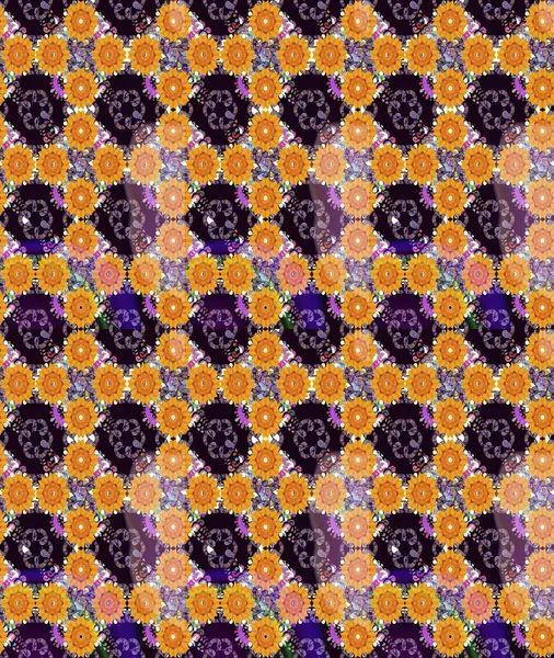 Raster illüstrasyonu. Siyah ve sarı renklere karalamalar çizen kusursuz çiçek deseni..