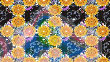 Moda baskıları için zarif bir şablon. Modern çiçek arkaplanı. Parlak renkli çiçekli ve sarı yapraklı harika bir çiçek deseni. Halk stili.