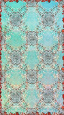 Çiçek deseni. Şatafatlı bahar bahçesi dokusu. Raster illüstrasyonu. Tarafsız ve mavi renkte çiçekler. Tarafsız ve mavi renklerde çiçeksiz.