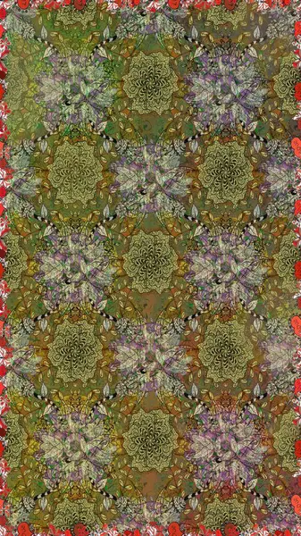 Kahverengi ve yeşil renkli çiçekler. Raster illüstrasyonunda kusursuz çiçek deseni.