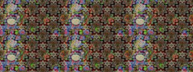 Üzerinde gelincikler ve vadi zambakları olan renkli çiçek desenli nakış deseni. Tekstil tasarımı için gri renkli geleneksel halk çiçekleri buketi.