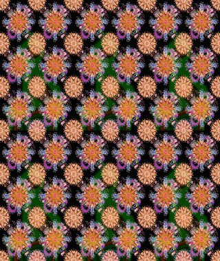 İşlemeli çiçekli, dikişsiz desen. Renkli grunge, soyut arkaplanı koyu siyah ve kahverengi çiçeklerle süslüyor. İzler, kumaş, duvar kağıtları, tekstil için raster dokusu.