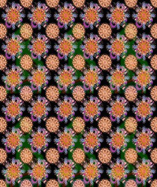 İşlemeli çiçekli, dikişsiz desen. Renkli grunge, soyut arkaplanı koyu siyah ve kahverengi çiçeklerle süslüyor. İzler, kumaş, duvar kağıtları, tekstil için raster dokusu.