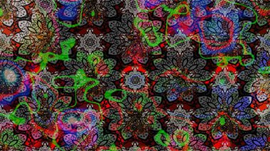 Çiçek çelengi. Kıvırcık, parlak örgü. Desen, çizim, çiçek sınırı. Güzel, parlak, pürüzsüz kumaş, tuval. Eski moda arka plan. Raster illüstrasyonu.