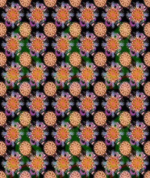 İşlemeli çiçekli, dikişsiz desen. Renkli grunge, soyut arkaplanı koyu siyah ve kahverengi çiçeklerle süslüyor. İzler, kumaş, duvar kağıtları, tekstil için raster dokusu.