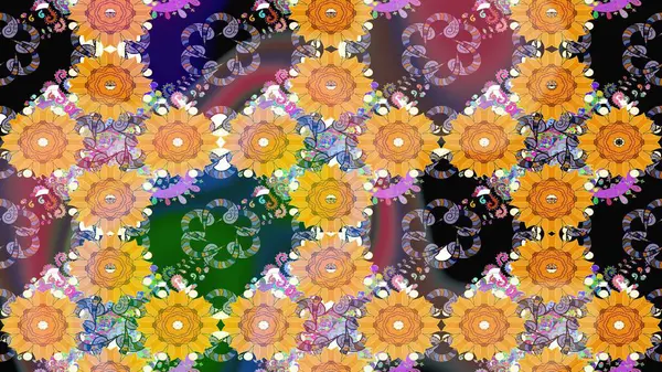 Sarı renkli Asya tekstili. Suluboya çiçekli çiçek deseni. Raster illüstrasyonu.