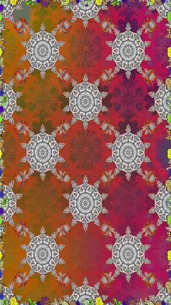 Renkli Bahar Temalı Kusursuz Arkaplan. Raster illüstrasyonunda kusursuz çiçek deseni. Süslü kumaş deseni. Düz Çiçek Elementleri Tasarımı.