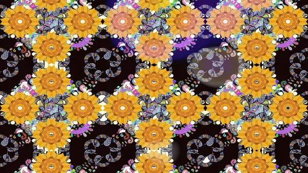 Çiçek desenli çizim. Sarı renkli çiçekler. Raster illüstrasyonu. Asya tekstil tarzında. Raster illüstrasyonu.