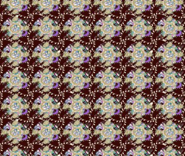 Bir sürü kahverengi ve soyut çiçekli tropik eskiz deseni. Küçük çiçekteki sevimli çiçek deseni. Varicolobrown Raster çizimi.