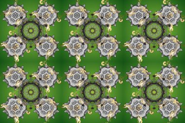 Barok tarzında altın çiçekli süs. Damask arkaplanı. Yeşil, gri ve nötr renklerde altın bir element. Altın çiçekli, pürüzsüz desen.