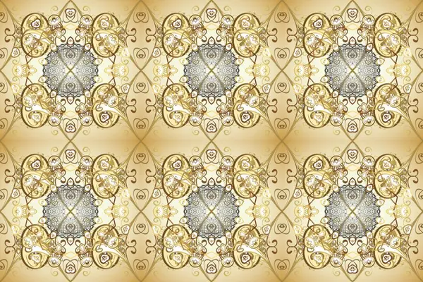 Antika altın tekrarlanabilir duvar kağıdı. Barok tarzında altın çiçekli süs. Damask pürüzsüz yineleme kalıbı. Bej, nötr ve kahverengi renklerde altın element.