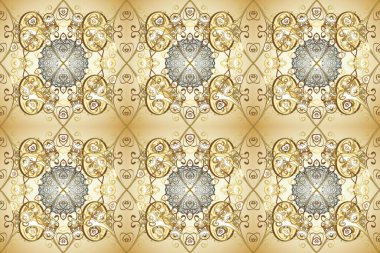 Antika altın tekrarlanabilir duvar kağıdı. Barok tarzında altın çiçekli süs. Damask pürüzsüz yineleme kalıbı. Bej, nötr ve kahverengi renklerde altın element.