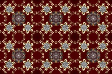 Gri, kahverengi ve altın elementli kırmızı renklerde kusursuz desen. Kusursuz altın desenli bukleler. Altın şablonu açın. Raster. Doğu tarzı arabesk. Parlak dantel, stilize çiçekler, şal desenli.