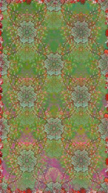 Kusursuz bir geçmişi var. Renkli şal desenli, yeşil ve kahverengi çiçekli ve dekoratif elementli kusursuz desen. Raster illüstrasyonu. Eski usul. Kumaş, tekstil ve duvar kağıdı baskısı için..