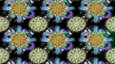 Parlak renkli çiçeklerle ve siyah ve nötr renklerde yapraklarla şaşırtıcı, pürüzsüz çiçek deseni. Halk tarzı. Modern çiçek arkaplanı. Moda baskıları için zarif bir şablon.