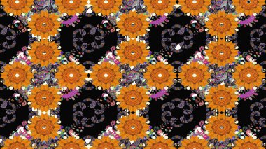 Suluboya elle çizilmiş çiçek desenli eskiz deseni. Parlak renkli fantezi çiçekleri, yapraklar, siyah renkli tomurcuklar.