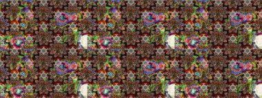 Renkli Bahar Teması eskiz kalıbı. Eskiz klasiği. Düz Çiçek Elementleri Tasarımı. Raster Şirin kumaş deseni.