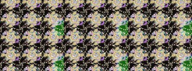 Eski usul. Kumaş, tekstil, duvar kağıdı baskısı için. Raster illüstrasyonu. Renkli desenli eskiz deseni, siyah çiçekler ve dekoratif elementlerle. Taslak arkaplan.