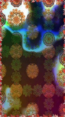 Eski moda arka plan. Raster illüstrasyonu. Çiçek çelengi. Şablon, pürüzsüz, çiçekli kenar. Güzel, parlak, pürüzsüz kumaş, tuval. Kıvırcık, parlak örgü.