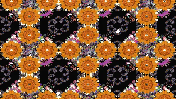 Suluboya elle çizilmiş çiçek desenli eskiz deseni. Parlak renkli fantezi çiçekleri, yapraklar, siyah renkli tomurcuklar.