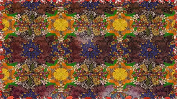 Elle çizilmiş çiçek desenli Raster çizimi. Tekstil, kumaş, ambalaj, hatıra defteri için hoş bir çiçek arkaplanı. Çocuksu tasarım. Kahverengi arkaplanda.