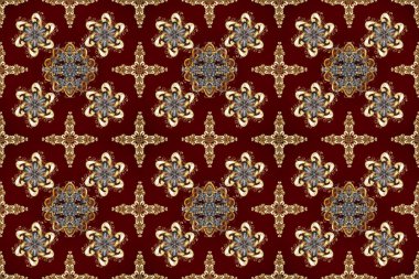 Sembol bayramı, yeni yıl kutlamaları, altın desenler. Kahverengi, kırmızı ve bej renklerde altın kar taneleri. Kış kar dokusu duvar kağıdı. Noel altın kar taneleri kusursuz desen.