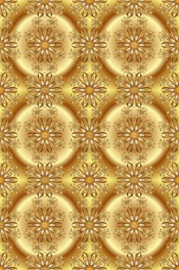 Altın antika ortaçağ dekoratifi, yaprakları ve bej, sarı ve kahverengi renklerde altın desenli süslemeleri olan dikişsiz bir şablon. Kusursuz kraliyet lüksü, altın barok kumaş rengi..