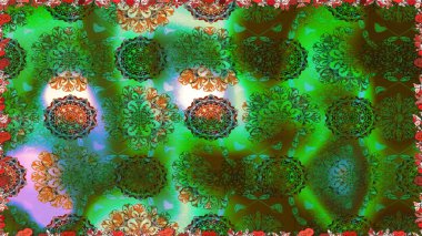 Küçük çiçekteki sevimli çiçek deseni. Varicologreen raster pürüzsüz çizim. Birçok yeşil soyut çiçekli tropikal desensiz.