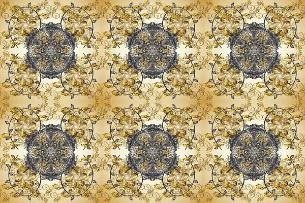 Raster illüstrasyonu. Altın elementlerle bej, nötr ve kahverengi renklerde klasik, pürüzsüz desen.