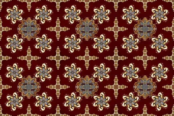 Sembol bayramı, yeni yıl kutlamaları, altın desenler. Kahverengi, kırmızı ve bej renklerde altın kar taneleri. Kış kar dokusu duvar kağıdı. Noel altın kar taneleri kusursuz desen.